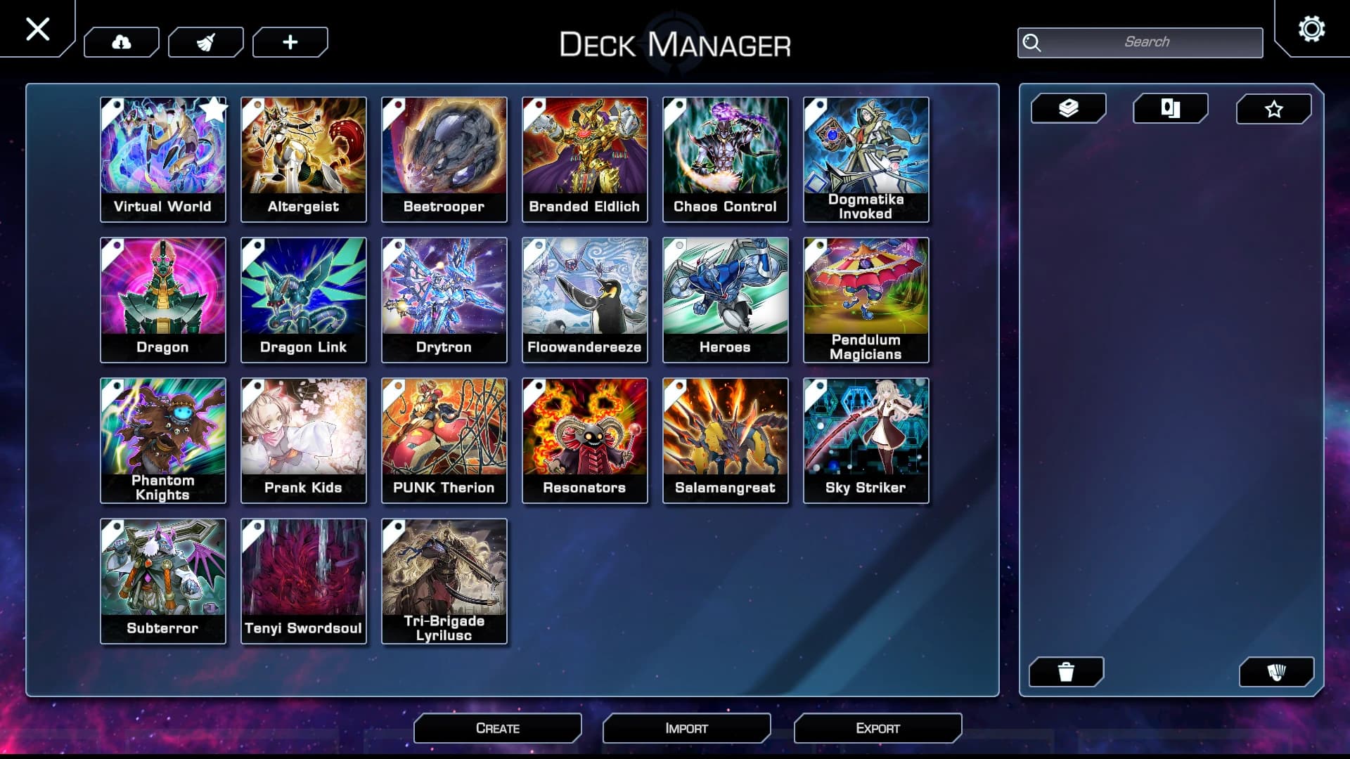 The YGO Omega Deck Manager showing 21 deck tiles, including Virtual World, Branded Eldlich and Sky Striker