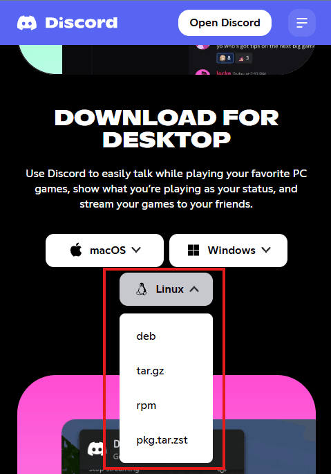 Discord's download page with the Linux menu open, listing deb, tar.gz, rpm and pkg.tar.zst
