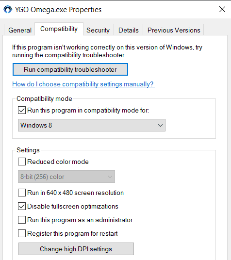 Compatibility tab of the YGO Omega.exe properties, with Windows 8 compatibility mode and Disable fullscreen optimizations ticked